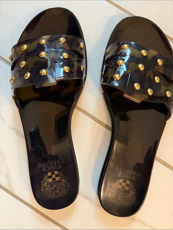 Vince Camuto Shoes - Vince Camuto Black Jelly Slide Sandals with Tortoiseshell Strap and Gold Studs